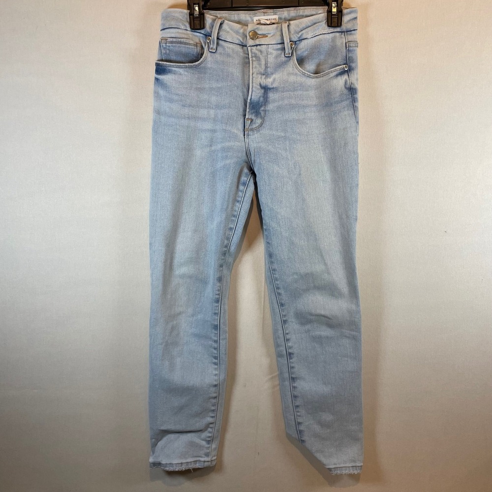 Good American High Rise Skinny Jeans Light Wash Raw Hem Size 6 28 B74 - Picture 2 of 8